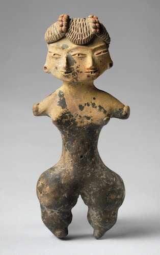*Tlatilco female figurine Central Mexico, Tlatilco site 1200-900 B.C.E Ceramic These mall ceramic figures, often of women, are found in Central Mexico inlively poses and elaborate hairstyles.