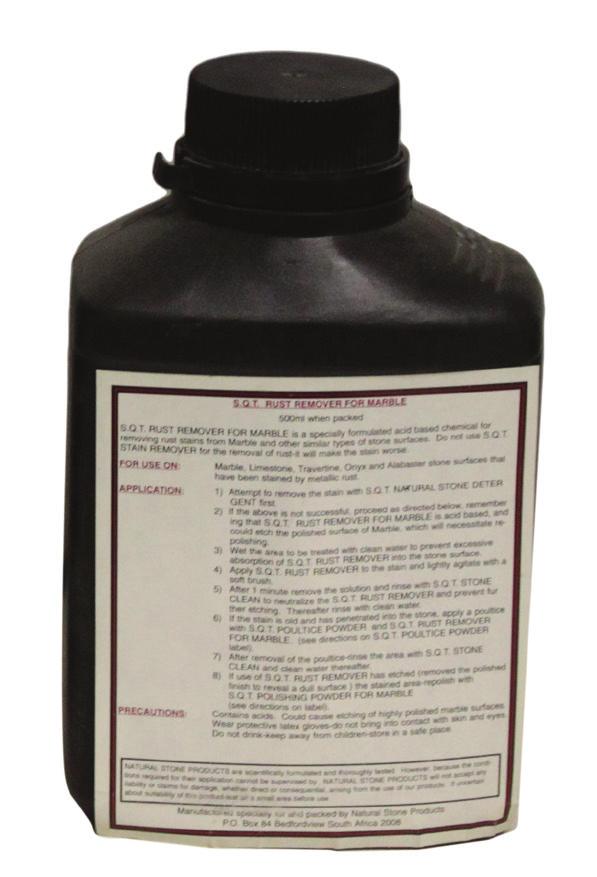 SQT RUST REMOVER For Marble Available in 500ml S.Q.T. RUST REMOVER FOR MARBLE is a specially formulated acid based chemical for removing rust stains from Marble and other similar types of stone surfaces.