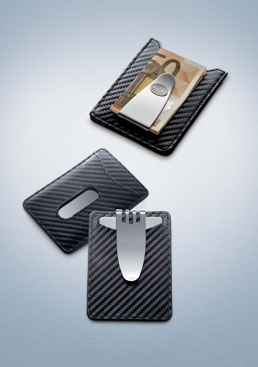 CREDIT CARD CASE & MONEY CLIP / CARBON FIBRE The classic Dalvey combination wallets or CMCs accommodate 10 credit cards, while their engraveable stainless steel clips securely hold notes and receipts.