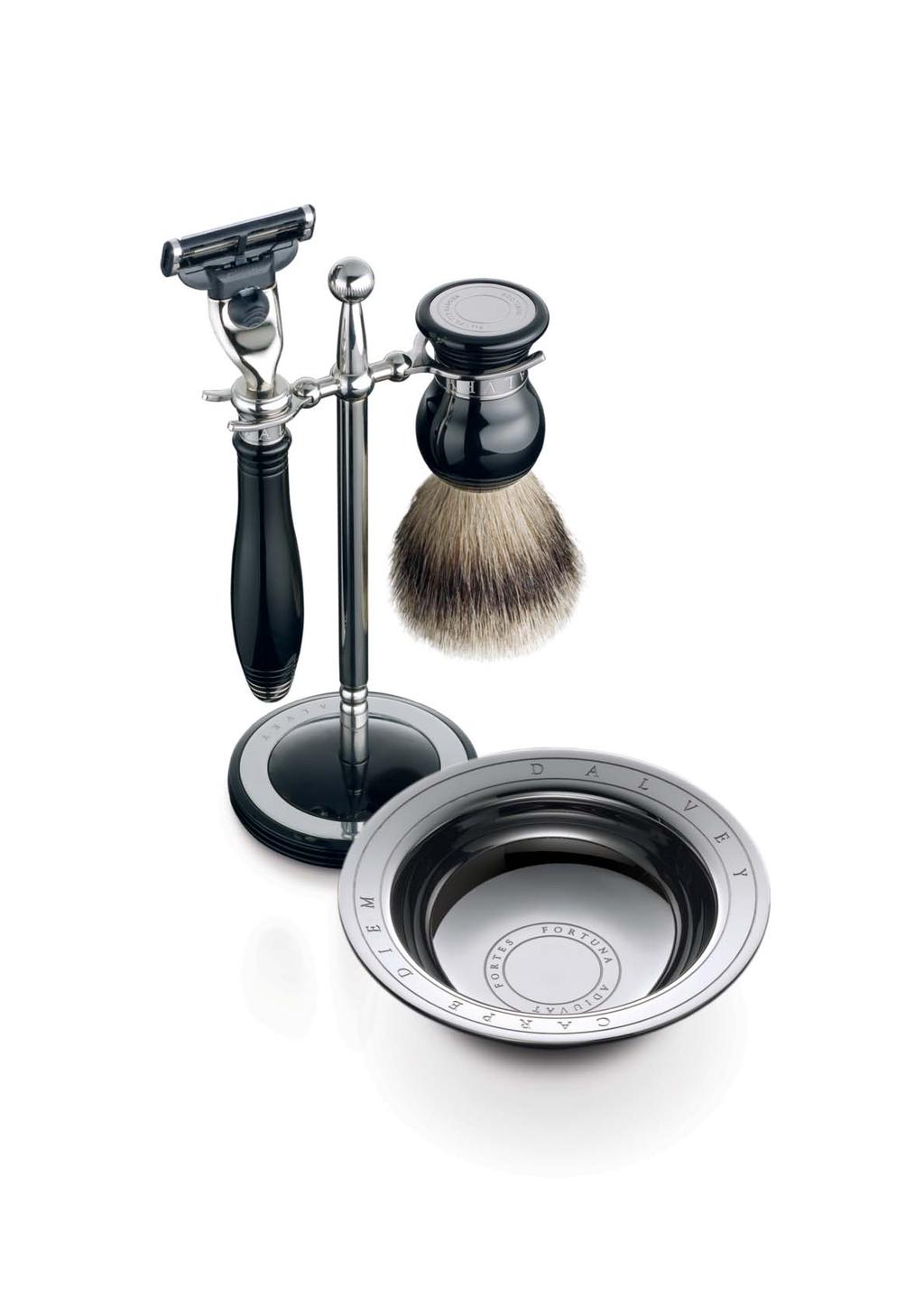 CLASSIC SHAVING SET & STAND The Razor and Super Badger Brush hang from this elegant stainless steel and precious