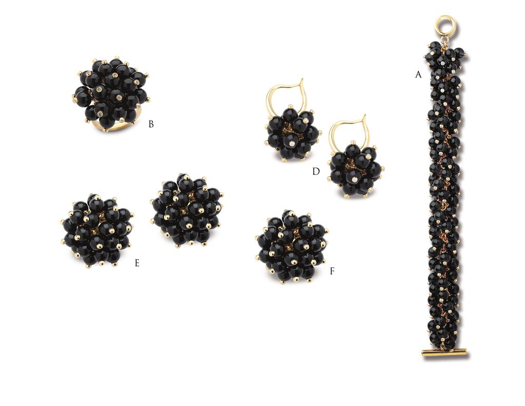 The Black Onyx Collection A. Onyx Braid Bracelet Weights 2.35 ct In Diamonds Price $16,600.00 B. Onyx Pom Pom Ring Price $3,700.00 C. Onyx Pom Pom Earrings Weights.92 pts In Diamonds Price $7,400.
