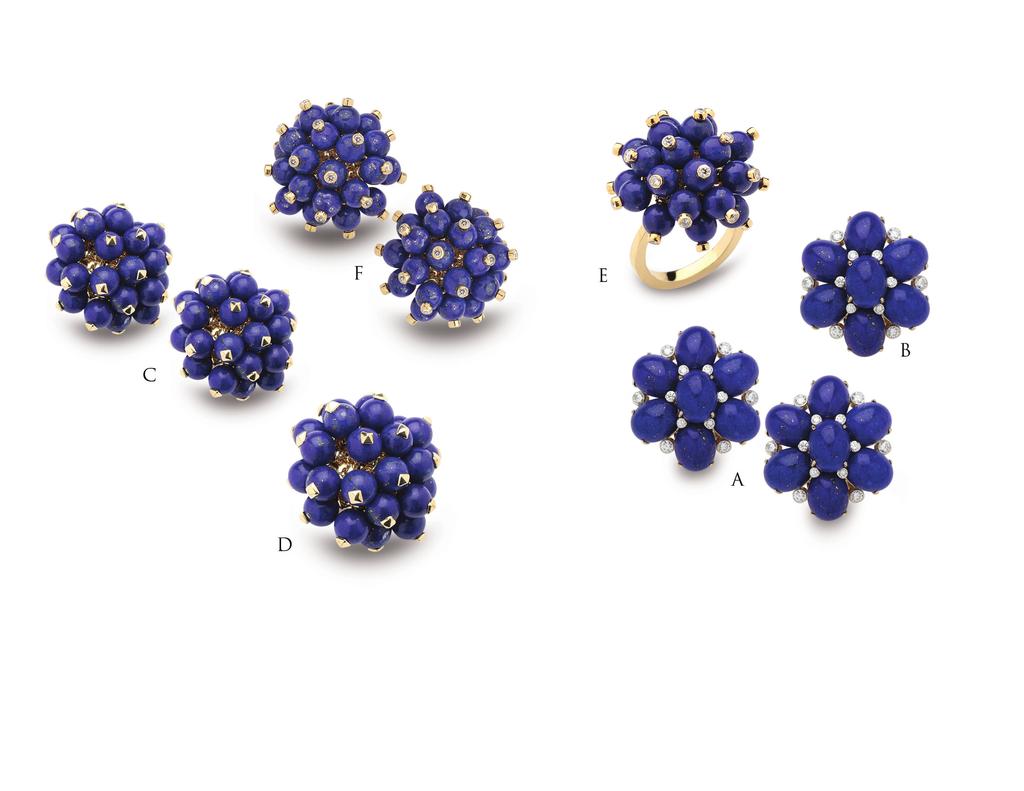Lapis Lazuli Collection A. Lapis Lazuli Floral Cabohon Earrings Weights.96 pts In Diamonds Price $10,800.00 B. Lapis Lazuli Floral Cabochon Ring Weights.48 pts In Diamonds Price $$6,700.00 C.