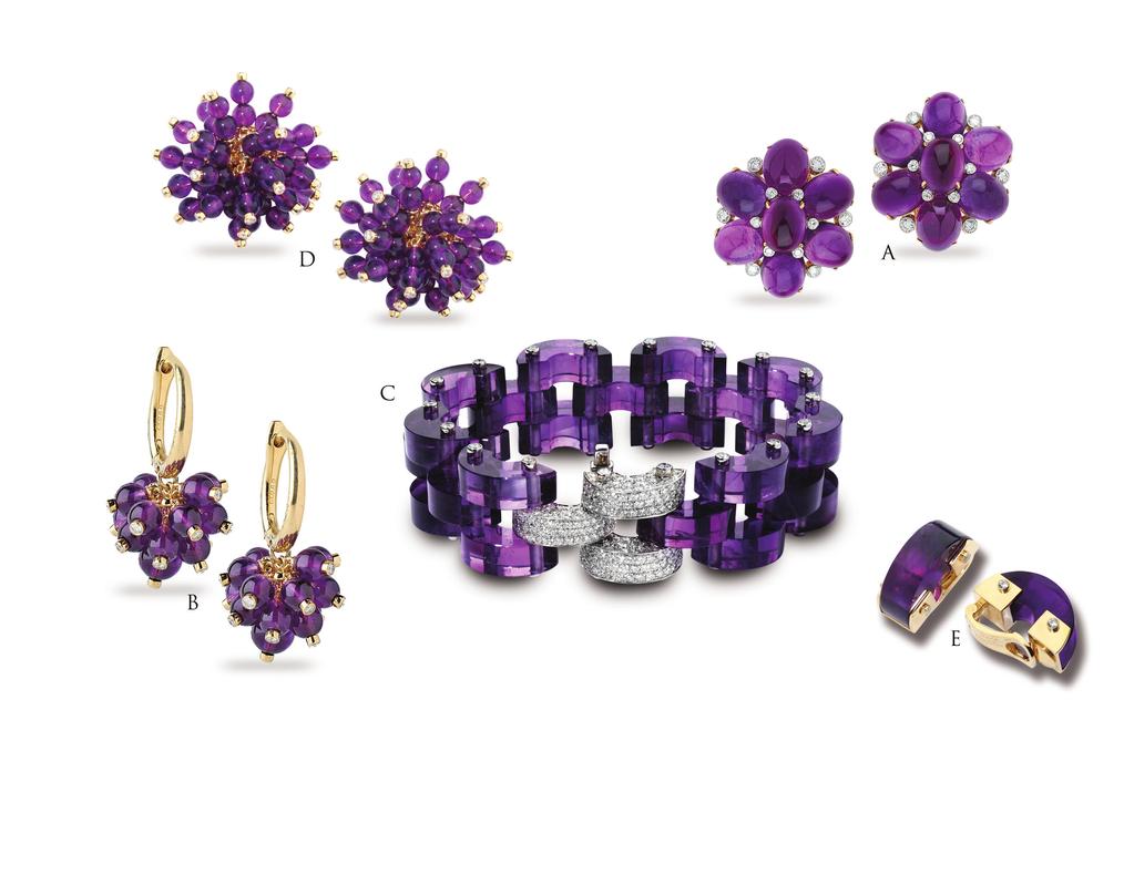 The African Collection A. Amethyst Floral Cabochon Earrings Weights.96 pts In Diamonds Price $10,600.00 B. Amethyst Drop Earrings Weights.76 pts in diamonds Price $7,000.00 C.