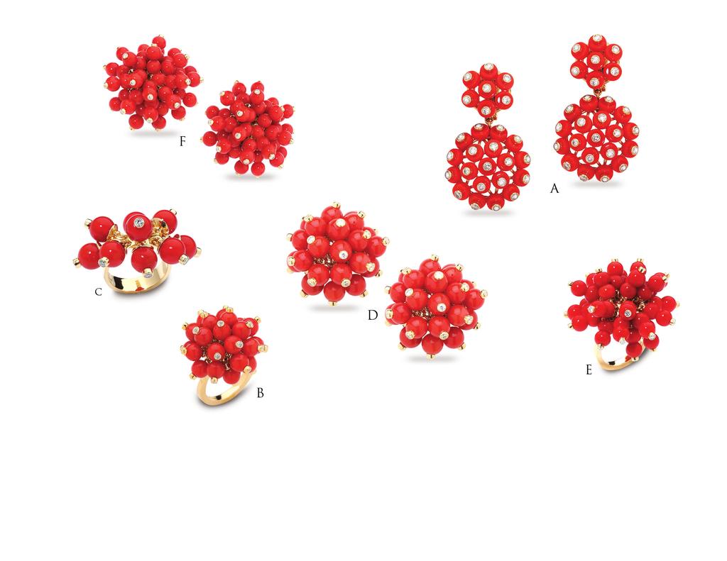 The Coral Collection A. Coral Reef Drop Earrings Weights 2.10 ct In Diamonds Price $15,000.00 B. Coral Pom Pom Ring Price $4,200.00 C. Coral N Ball And Chain Ring Weights.
