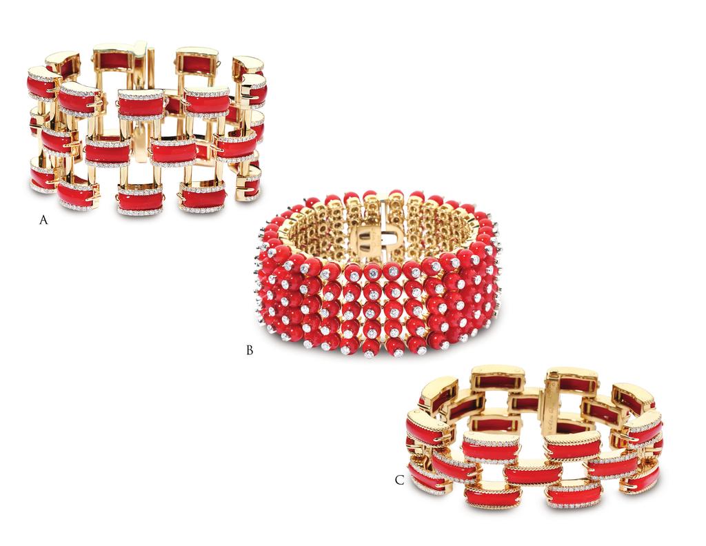 The Coral Collection A. Large Coral Brick Bracelet Weights 6.10 ct In Diamonds Price $60,000.00 B. Beaded Coral Bracelet Weights 7.
