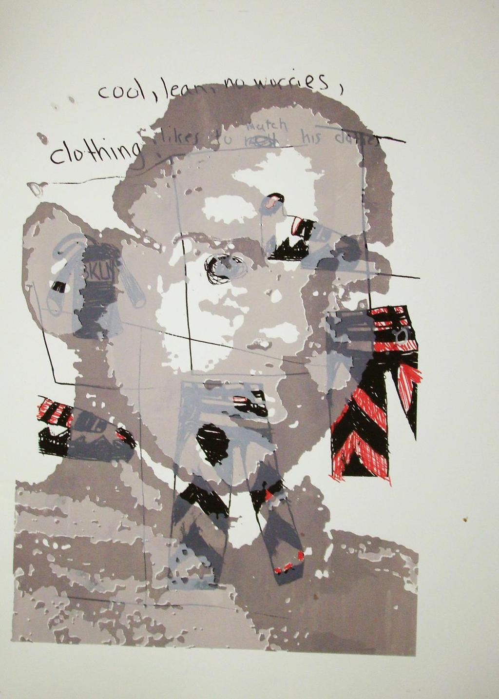Tayler Morgan and Anne Brennan, He Likes to Match His Clothes, 2010,28 x 20, felt tip markers and screenprint on paper.