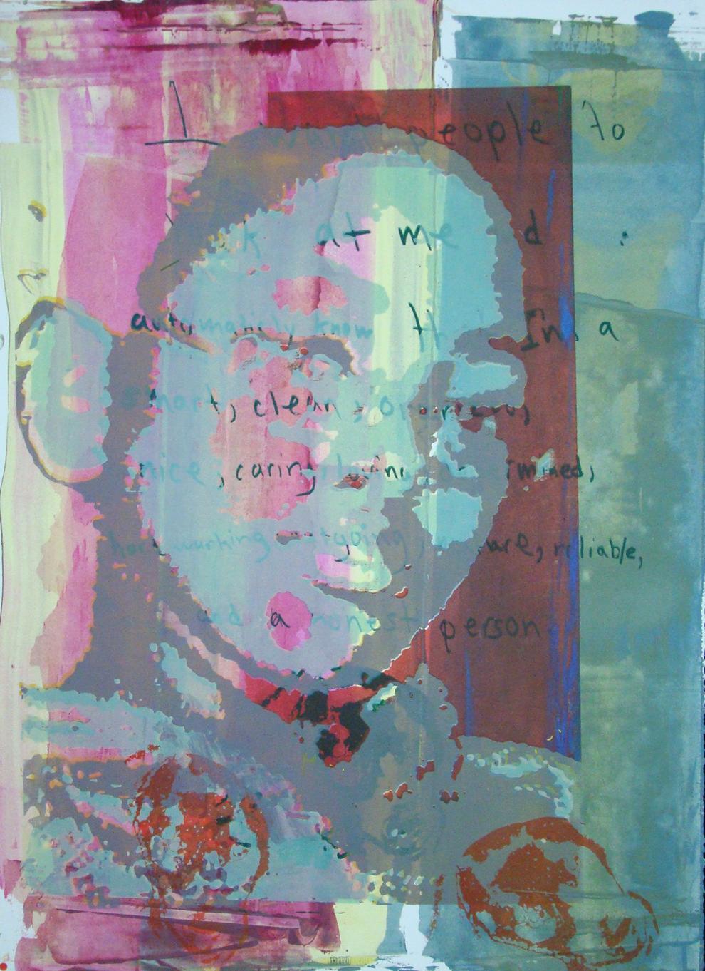 Tayler Morgan and Anne Brennan, Warm + Kewl, 2010, 30 x 22, paint and screenprint on paper. Vertically, Morgan squeegeed passages of warm colors moving into cool colors.