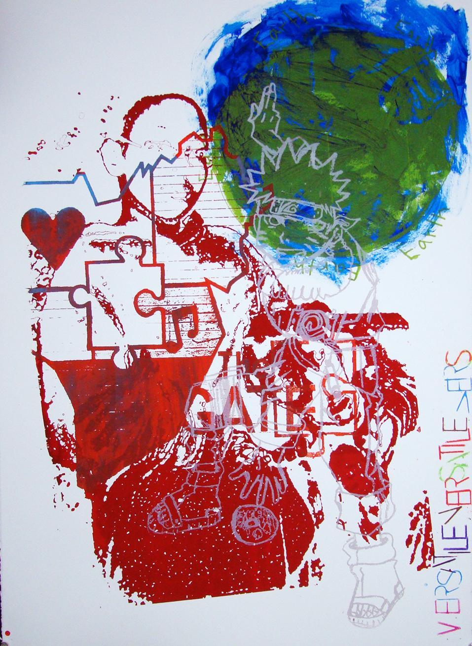 Tayler Morgan, Caleb Fisher, Officer Dennis Taylor and Anne Brennan. Puzzle Pieces, 2010, 30 x 22 crayon and screenprint on paper. Collection of The Gate.