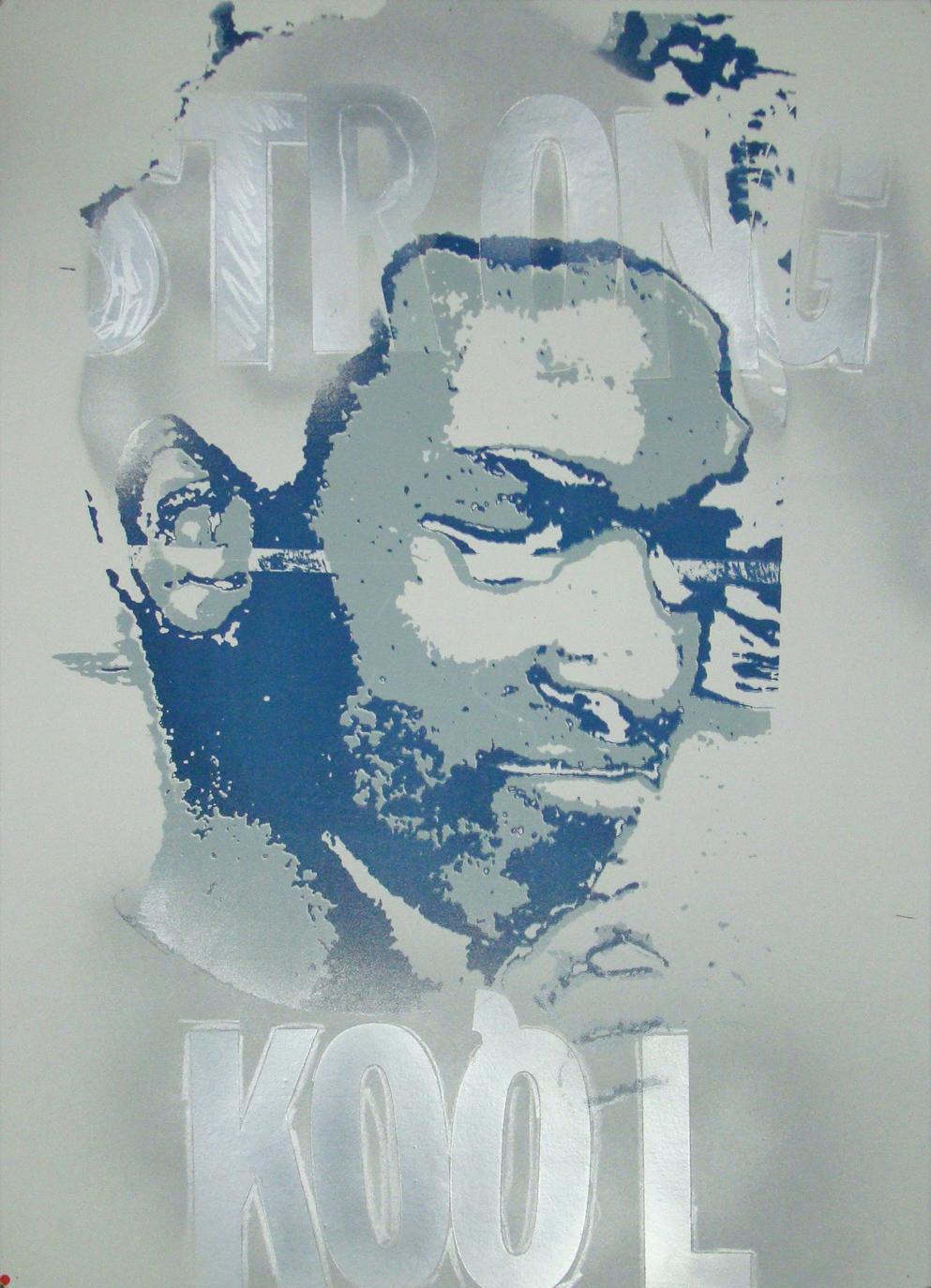 Tavon Green and Anne Brennan, Strong is Kool, 2010, 30 x 22, Vinyl letters, spray paint, oil pastel and screenprint on paper. Collection of The Gate of Kinston. Gift of Greg and Margaret Smith.