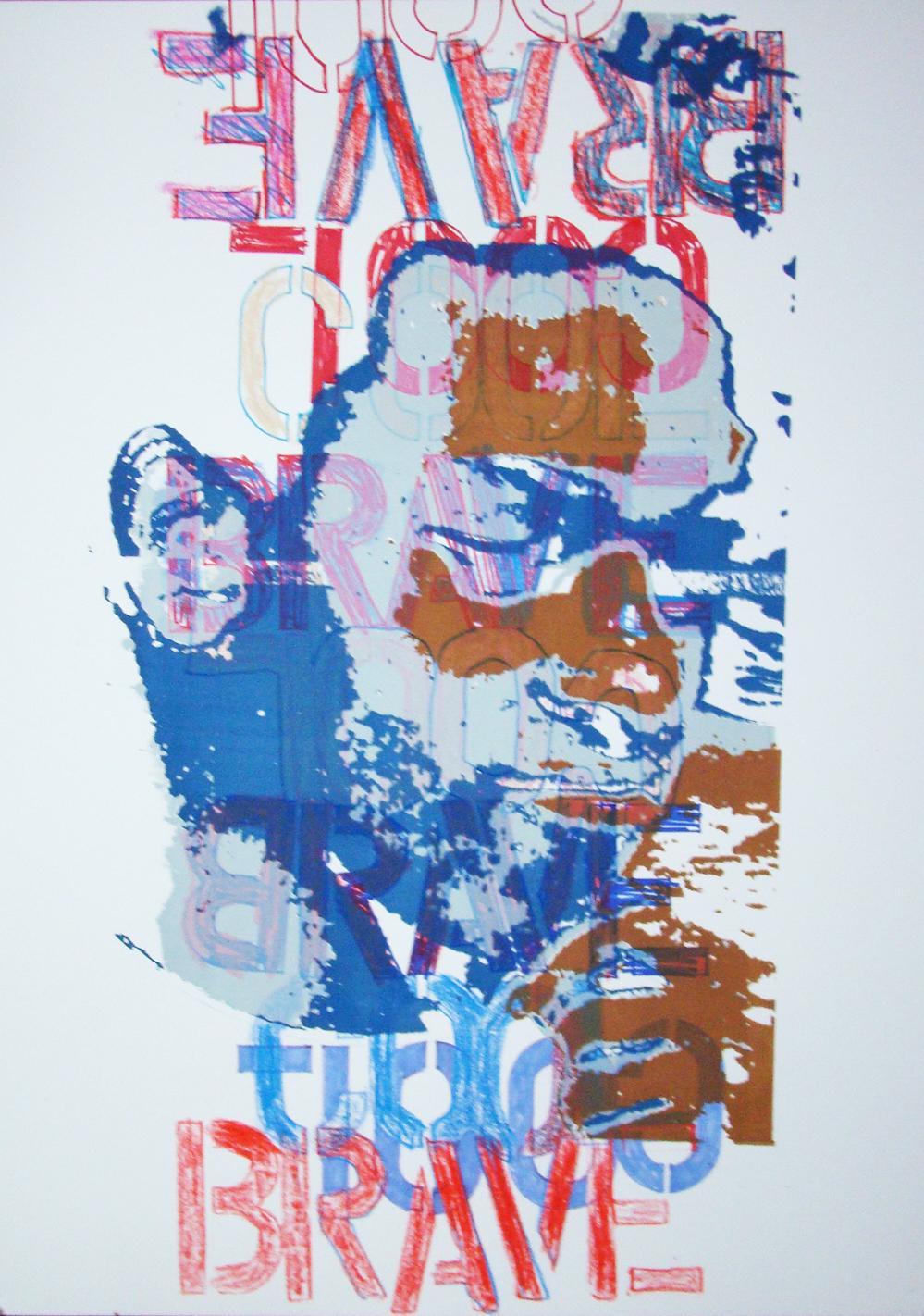 Tavon Green and Anne Brennan, Brave is Cool, 2010, 30 x 22, wax crayon, felt tip marker and screenprint on paper. Green wrote Brave is Cool.