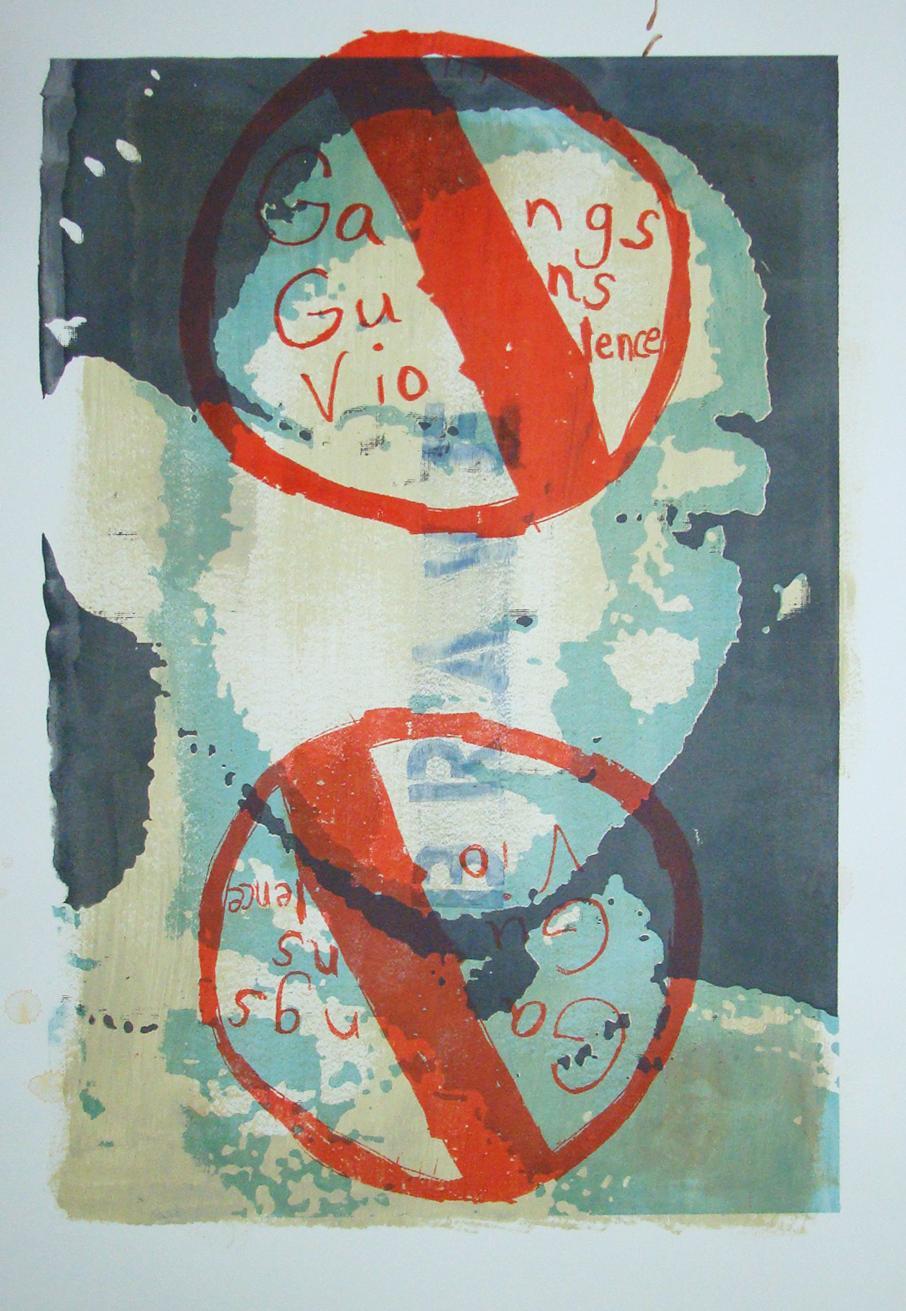 Tayler Morgan and Anne Brennan, Brave is Kewl, 2010, 30 x 22,paint and screenprint on paper. Morgan drew the emblem No Gangs/Guns/Violence in his sketchbook.
