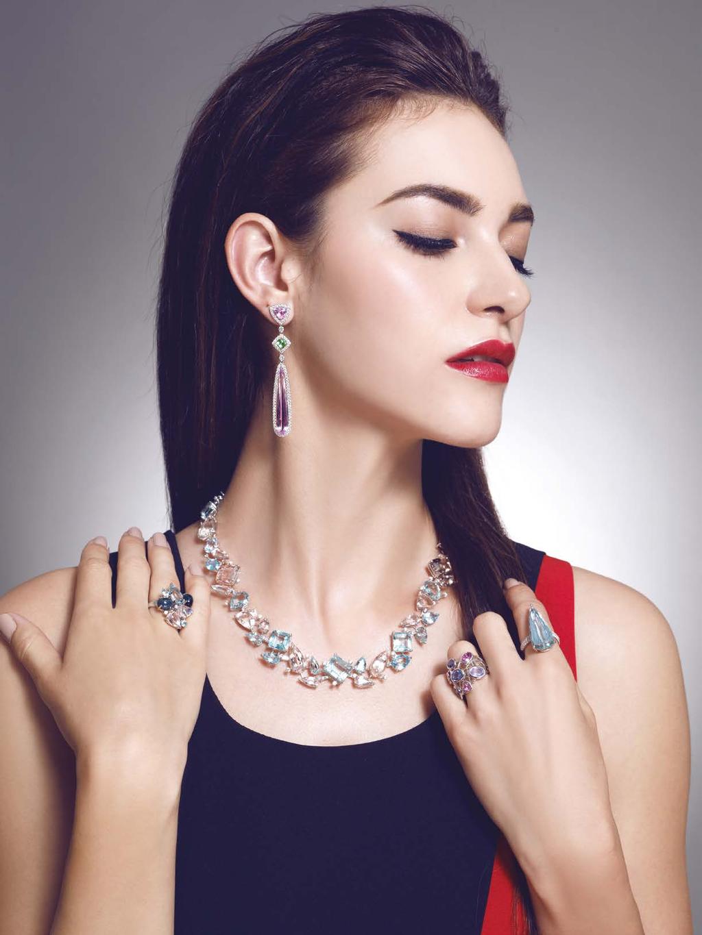 SHOWCASE Necklace: 18-karat white gold with aquamarines, morganites and diamonds Earrings: Kunzite, green tourmaline