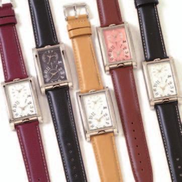 This dual time watch features two times in a tank style watch. Shown in: Black/Silver(01), Black/Black(02), Brown/Rose(03), Brown/Silver(04), Tan/Silver(05). Also Available: Black/Gold(06).