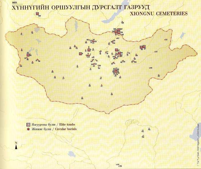 Figure 3: Distribution of Xiongnu graves in Mongolia, Russia and China (Erezgen 2011, 35). Chapter 2.3.1: Circular burials The circular burials, or surface burials, are visible on the ground as a ring of stones that have variable diameters.