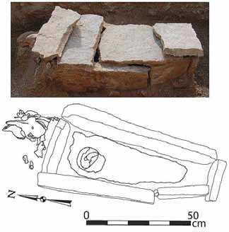 Figure 11: Shombuuzin Belchir grave 36 lay-out (Miller et al. 2009b, 14). North of the coffin were several bones of a single sheep.