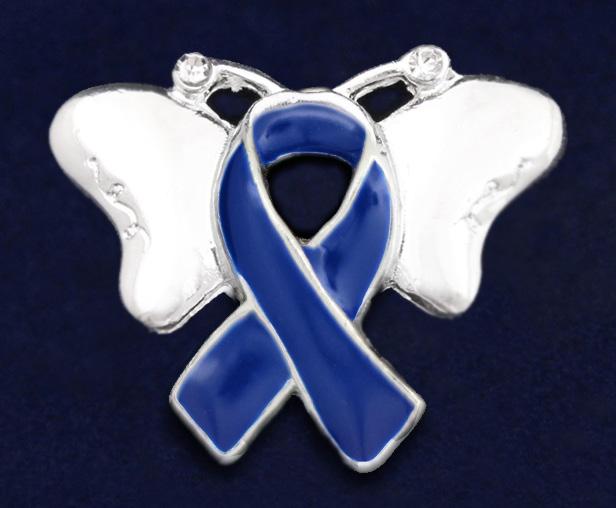 This sterling silver plated butterfly pin has a dark blue ribbon for the body of the butterfly.