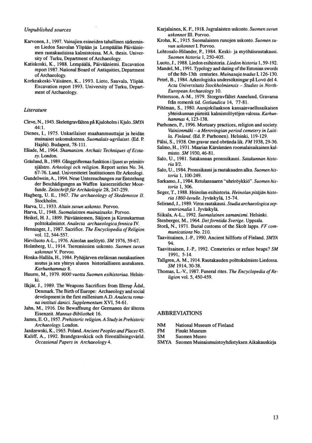 Unpublished sources Karvonen, J., 1997. Vainajien esineiden tahallinen sarkeminen Liedon Sauvalan Ylipaan ja Lempiiii1iin Paivaaniemen rautakautisissa kalmistoissa. M.A. thesis.