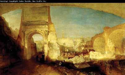 A long triumphal bridge links a steep harbour-side, adorned with the circular Temple of Vesta from Tivoli, and a distant city of crowded towers and arches, above which rises a gleaming acropolis,