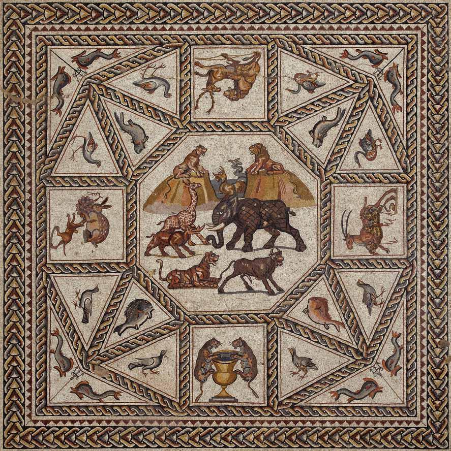 Dolphins and trident scene from one of the corners of the central panel, Lod Mosaic. Fig. 13.