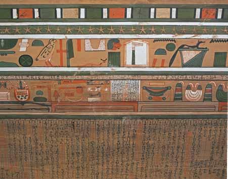 4 Fig 4. Funerary papyrus of Queen Nodjmet. The main scene shows her in the form of Amun-Ra- Horakhty and Osiris. The text contains Book of the Dead spells with extracts from the Book of Caverns.