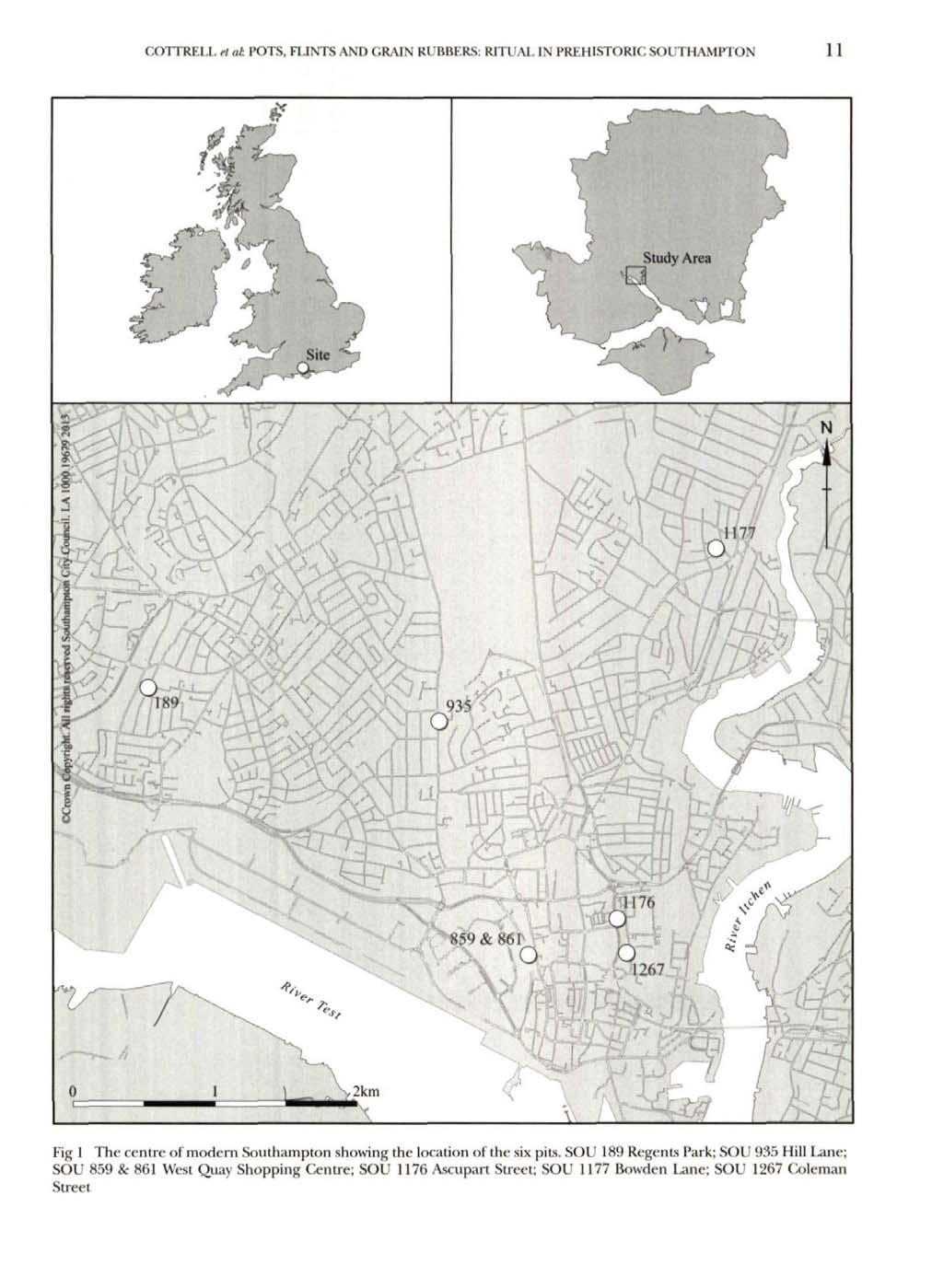COTTRELL rt at POTS, FLINTS AND GRAIN RUBBERS: RITUAL IN PREHISTORIC SOUTHAMPTON 11 Fig 1 The centre of modern Southampton showing the location of the six