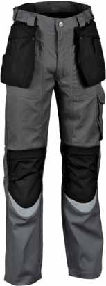 Large front pockets fitted with nail pockets. Hip pockets. Double cargo pockets with mobile phone pocket. Ruler pocket with Cordura lining. Knee pad pockets.