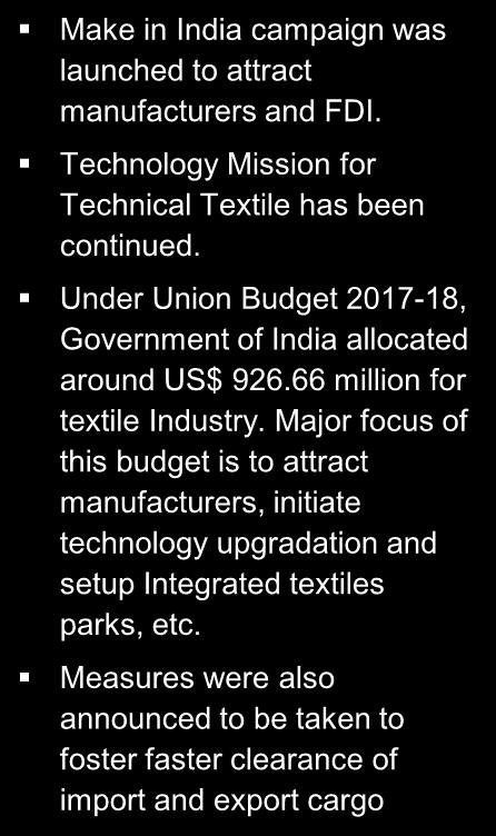 Major focus of this budget is to attract manufacturers, initiate technology upgradation and setup Integrated textiles parks, etc.