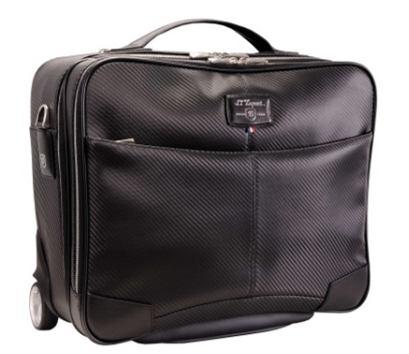 Dupont Paris 1872 signature embossed in silver + Exterior back pocket and smart sleeve + Telescoping handle (3 positions) + 2 wheel system + S.T.Dupont label Paris 1872 with + One large compartment with elastic cross straps to secure clothes.