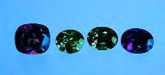 and incandescent light (right). From left to right: sample E, 2.02 ct from Tranoroa, with Cr>V; sample X, 0.67 ct from Bekily, with V>Cr; sample Y, 0.90 ct from Bekily, with V~Cr; and sample Z, 0.