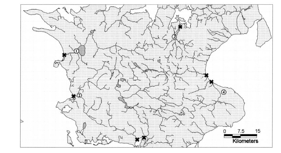 Fig. 9. Central Zealand. Important Late Iron Age central places (open circles) and watercourses are shown.