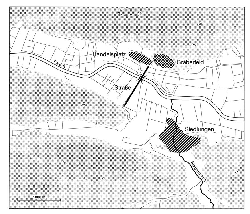 Abb. 6. Topographische Lage des Handelsplatzes von Menzlin mit Gräberfeld und Strasse (nach Jöns & Müller-Wille 2002). Gräberfeld des 9. bis 12. Jh.