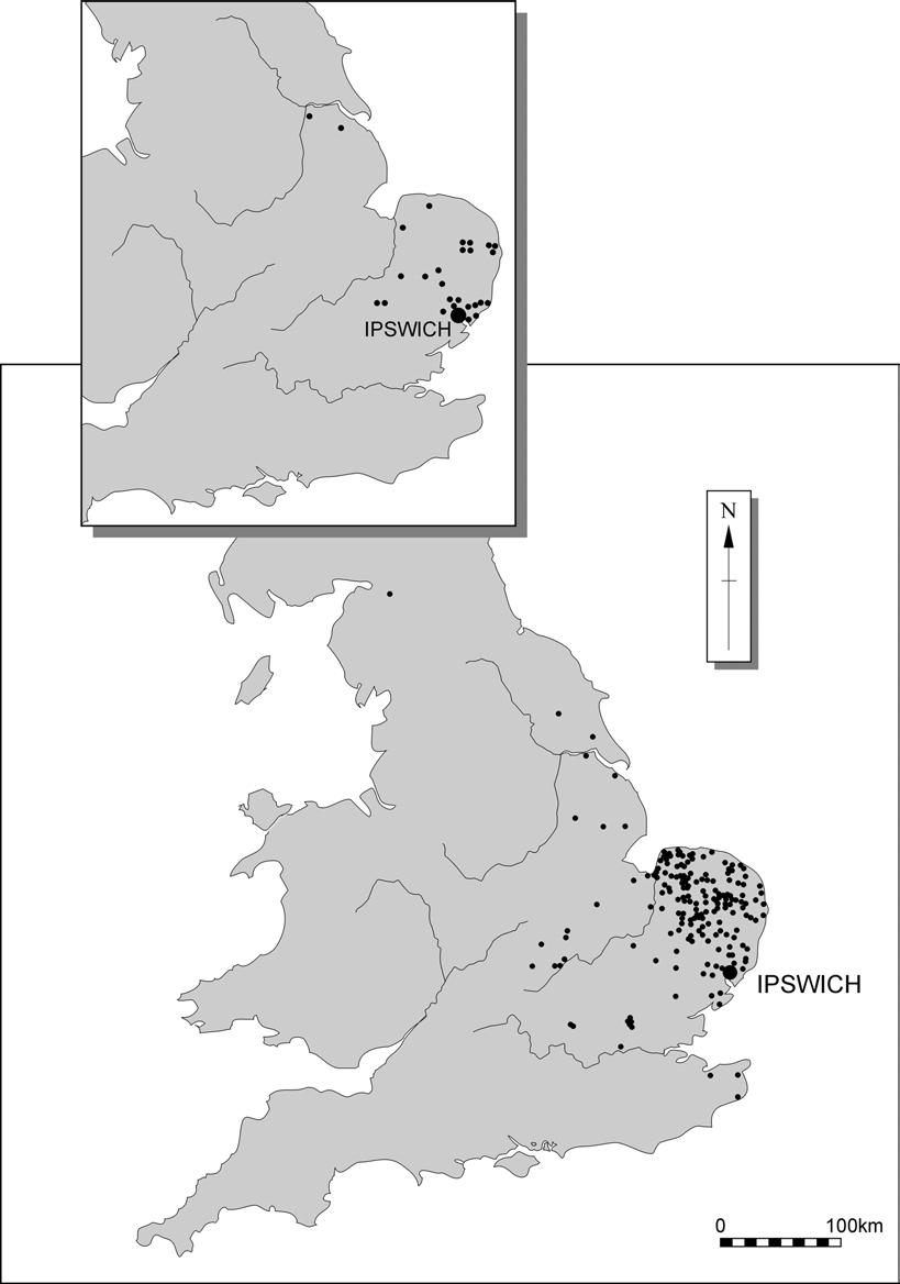Fig. 5. The distribution of series R sceattas (above) and Ipswich Ware finds (below).