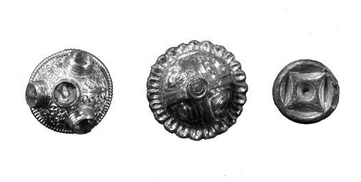 Fig. 1. Decoration knobs, U3035, U3568, U845. 1:1. Photo B. Almgren, LUHM. and Vendel (Merovingian) Periods.