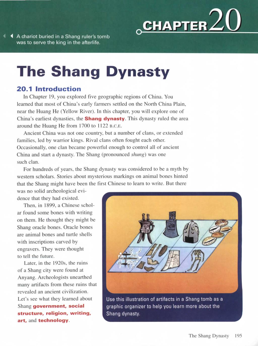 4 A chariot buried in a Shang ruler's tomb was to serve the king in the afterlife. CHAPTER I The Shang Dynasty 20.1 Introduction In Chapter 19, you explored five geographic regions of China.