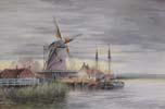 00 71 LOUIS VAN STAATEN, WATERCOLOUR Dutch [1836-1909] -untitled, Coastal Scene with Windmill & Fishing Boats. Size: 20 x 30 in. / Framed: 28 x 38 in.