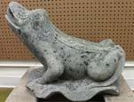 Page: 9 73 OUTDOOR STONE FROG STATUE -a figural carved frog on a lily pad. Size: 18 x 22.5 x 12 in. (approx.