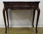 171 PARQUETRY COMMODE -two drawers with reddish marble table top and ormolu accents. Size: 31.5 x 24 x 14 in.