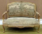 Both pieces with marble tops and cabriole legs with ormolu accents. Size: 25.5 x 18.5 x 13 in. each. 13A LOUIS XVI STYLE SETTEE -original upholstery with pastoral scene on a gilt wood frame.