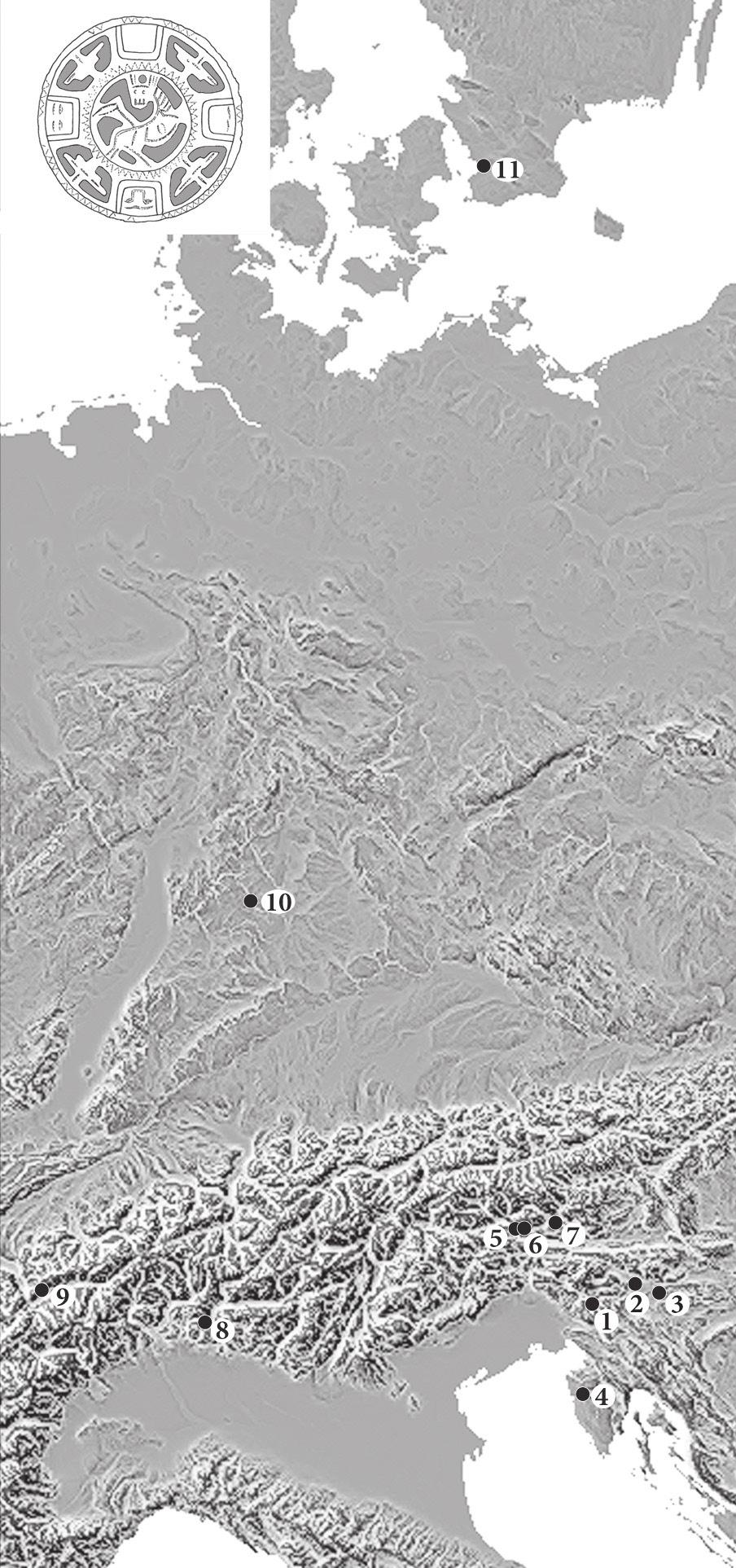 430 Timotej KNIFIC, Miha MLINAR Sl. 6: Najdišča velikih okrasnih zaponk s podobo leva (cf. seznam 1). Fig. 6: The find-spots of the large disc brooches with a lion (cf. List 1). (Karta / Map: I.
