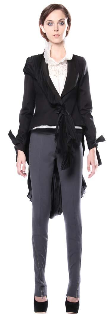 LOOK 1 Black silk-wool conductor coat with pleated chiffon and tie-cuffs J2011-2 Battleship grey ponte knit