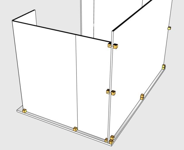 For some extra stability, glue on two cubes at the bottom edge corners of the middle fold panel of each side wall, as well as one cube at the