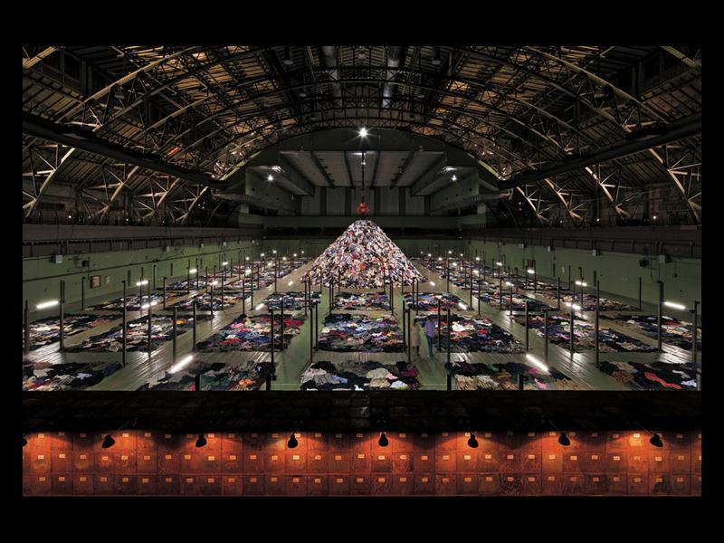 Christian Boltanski. No Man's Land. 2010. Clothing, rig, pick, lights, and steel beams. Installation in Park Avenue Armory, New York.