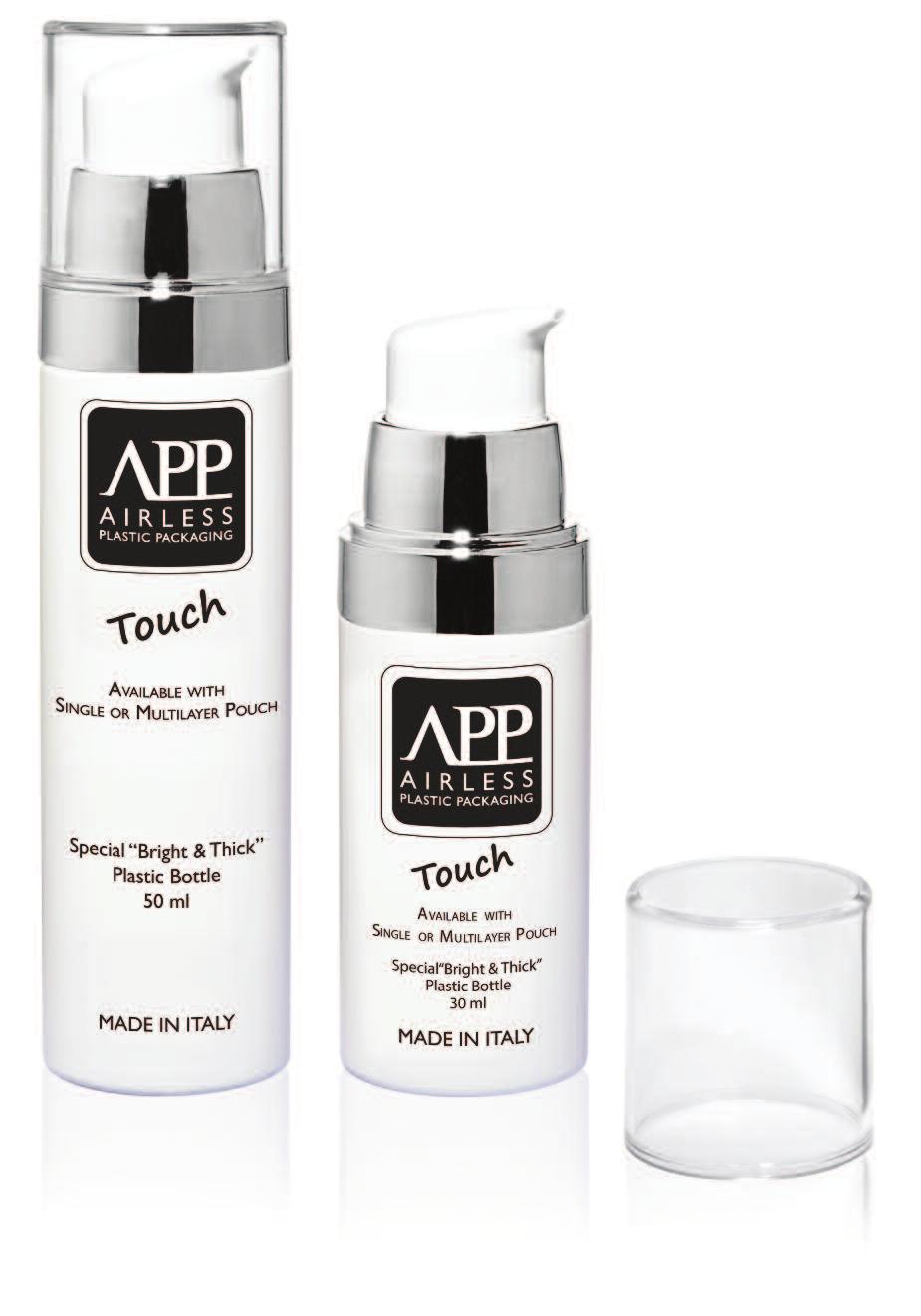 Airless Plastic Packaging APP 355 TOUCH Sizes: 30 ml - 50 ml Materials: Bottle: PE Soft Touch Pouch: PE special compound Single or Multilayer PUMP SMART AIRLESS AA355 Neck: Special