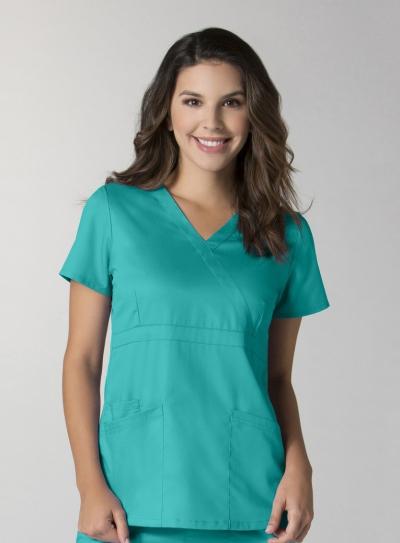 EON Ladies Mock Wrap Top M1748 $26.99 Embroidered Y-Neck top, curved back yoke with double needle stitching.