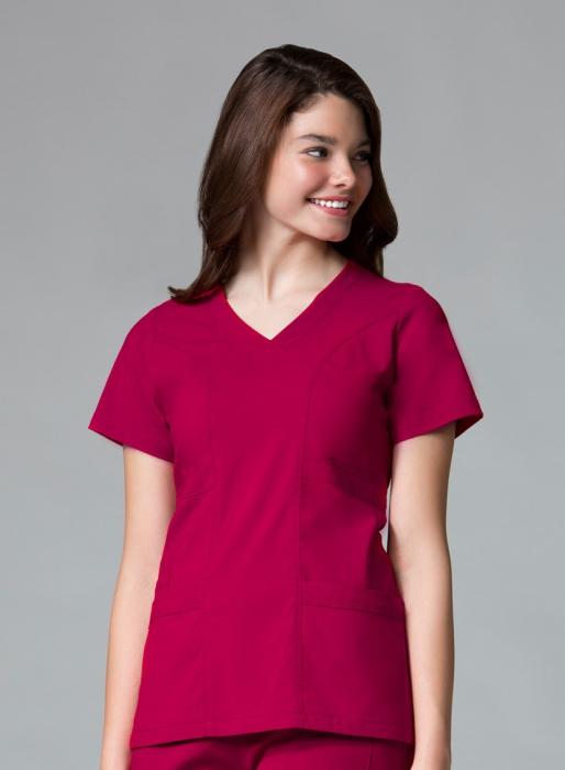 ECOFLEX COLLECTION Ladies Sporty V-Neck Top M1214 $26.99 Embroidered Ladies curved v-neck, princess seams, side waistbands and back darts for added style and shape.