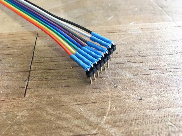 Split off an eight conductor section of the jumper wires with the shown colors Use diagonal cutters to cut off a six- and twoconductor set of 90 degree angle jumper pins.