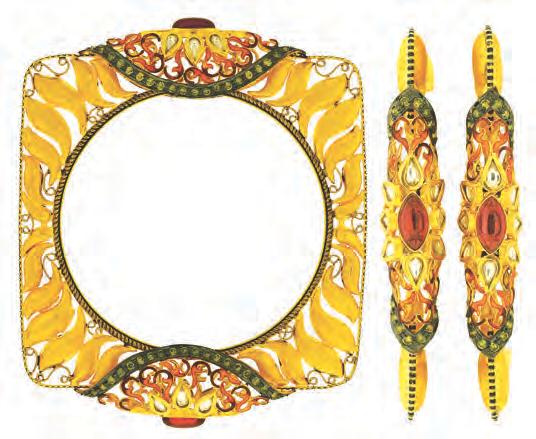 The 22-karat pachheli bangle is set with kundan and intricate meenakari work.