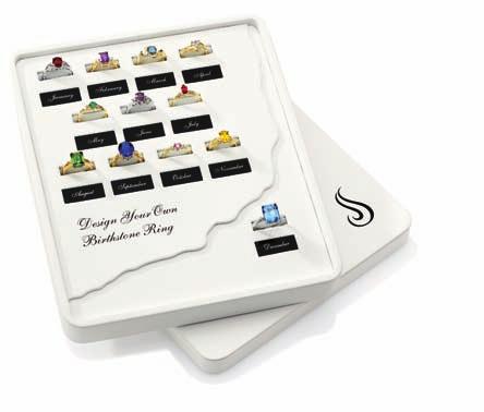 Design Your Own Birthstone Ring Tray displays 12 birthstone rings, and highlights the Birthstone of the month. The signs are removable for easy rotation.