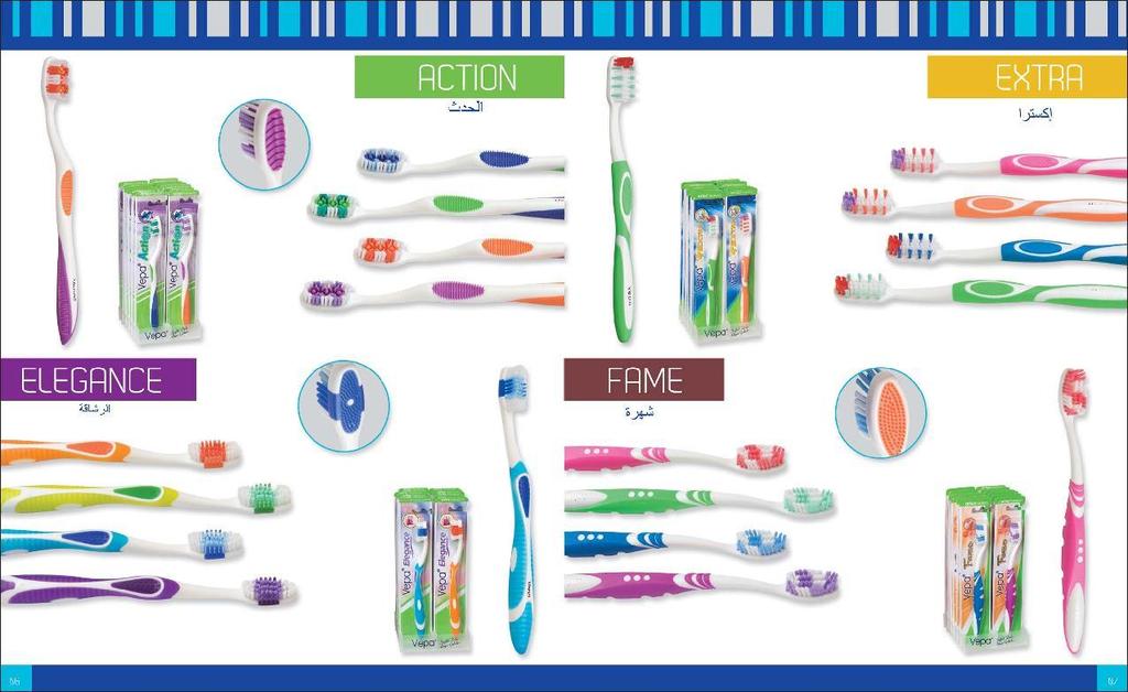 Tooth Brushes Descriptions ACTION, ELEGANCE Trio rubber and specially cut varying sized bristles remove teeth stains and provide extra whiteness. Tongue cleaner removes bacteria from the tongue.