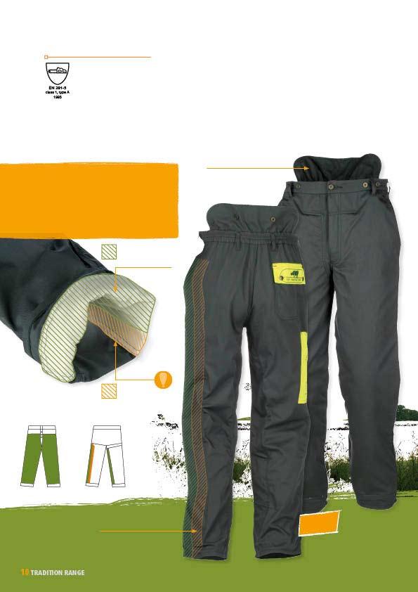 1SPQ FORESTRY TROUSERS WITH FRONT PROTECTION TYPE A Front protection type A + 5 cm extra on left leg European norm EN 381-5 class 1 XS to 3XL 503 spruce green / high-vis orange 508 spruce green /